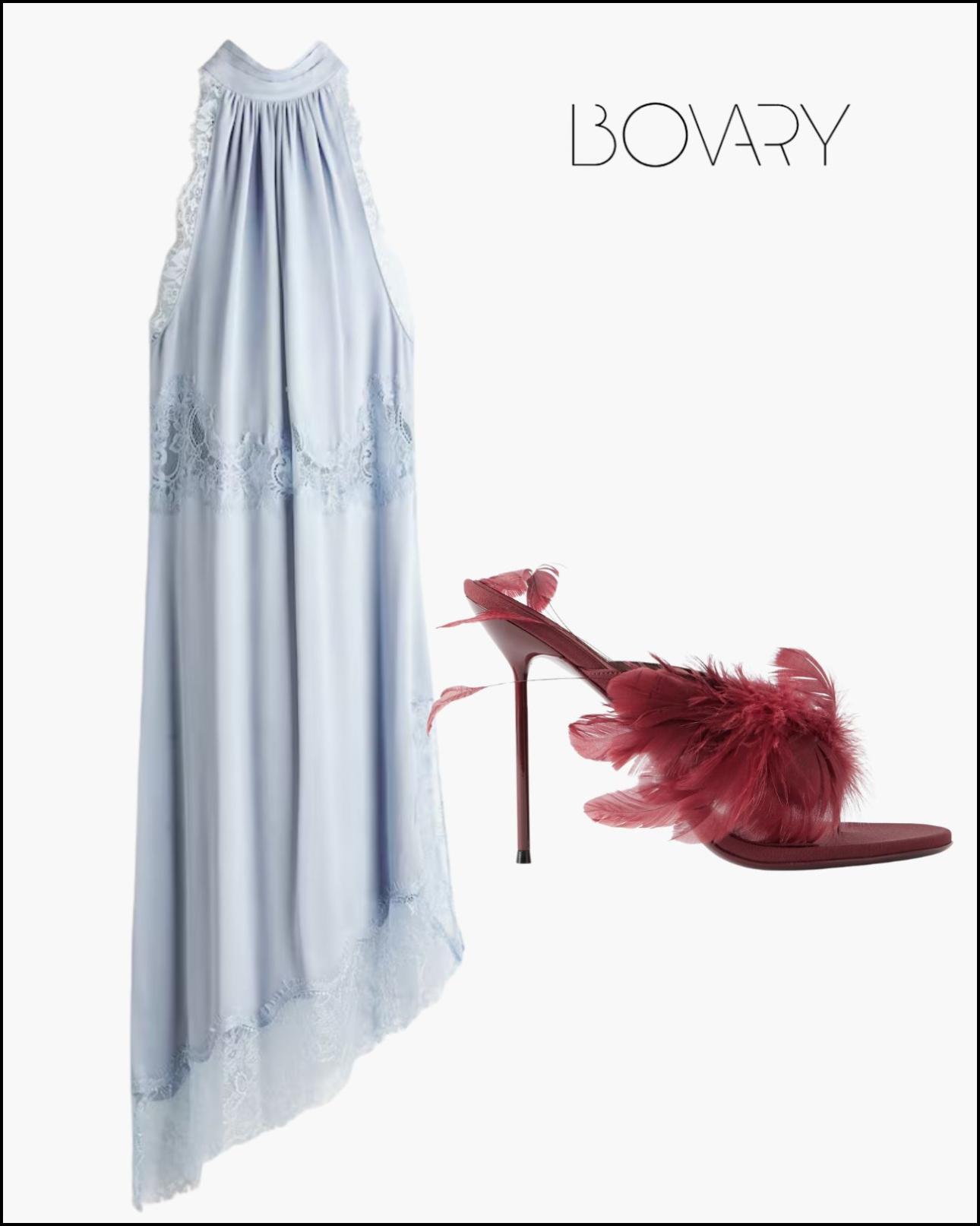 Lingerie φόρεμα, €54,99, H&amp;M, www2.hm.com και mules με φτερά, €875, Paris Texas, net-a-porter.com