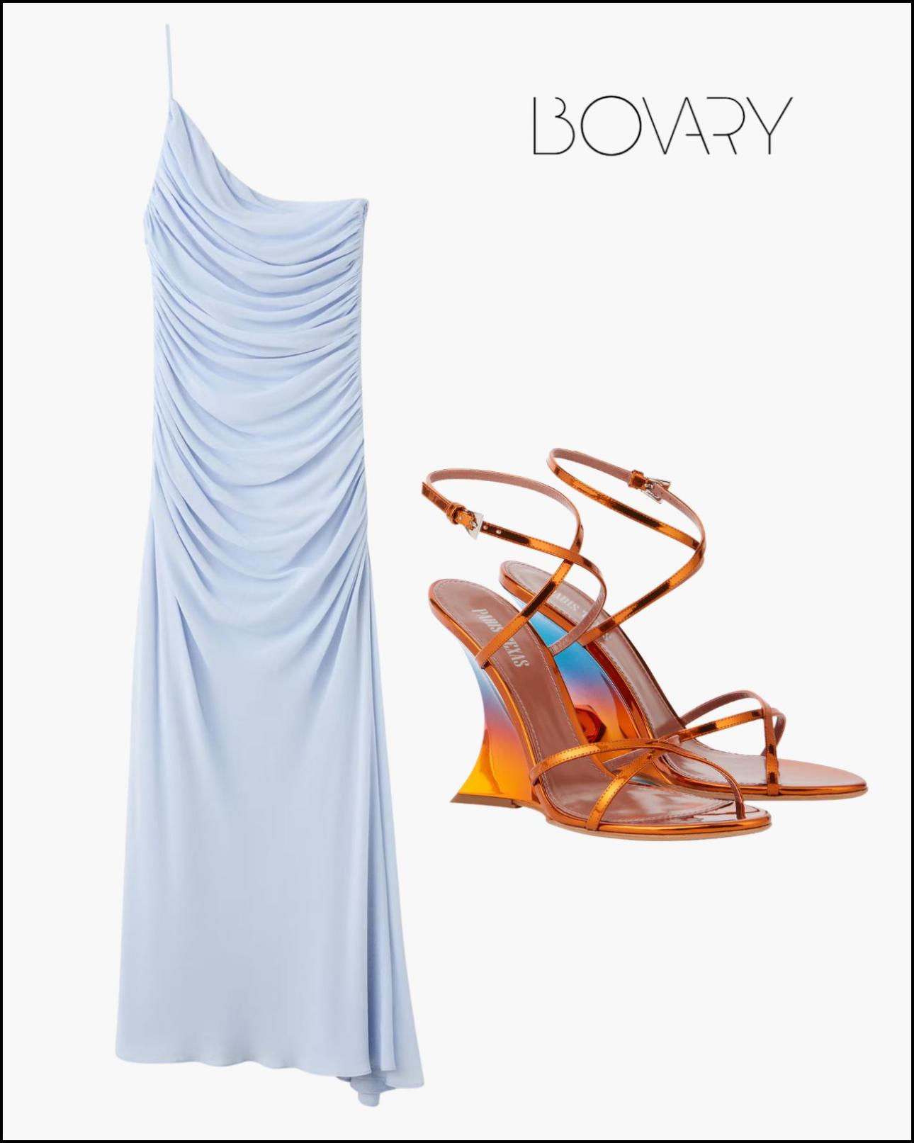 Ντραπέ φόρεμα, €25,99, Mango, shop.mango.com και μεταλλιζέ πλατφόρμες πέδιλα, €477, Paris Texas, mytheresa.com