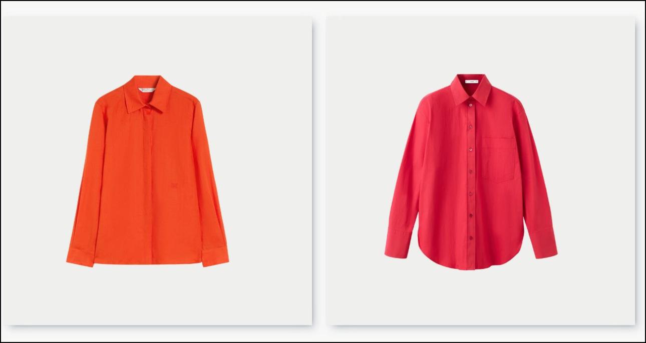 Από αριστερά: Πορτοκαλί, λινό πουκάμισο, €360, Max Mara, gr.maxmara.com και κόκκινο, βαμβακερό πουκάμισο, €45,99, Mango, shop.mango.com