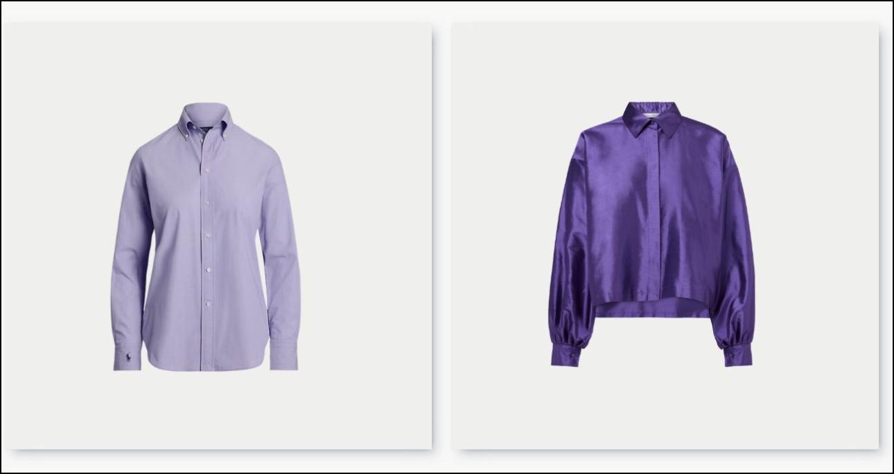 Από αριστερά: Λιλά πουκάμισο, €175, Ralph Lauren, ralphlauren.eu και μεταξωτό πουκάμισο, €416, Max Mara, mytheresa.com