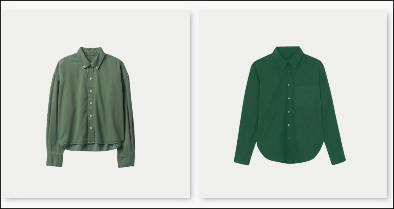  Από αριστερά: Cropped τζιν πουκάμισο, €39,97, GAP, gap.com.gr και σκούρο πράσινο, €165, The Frankie Shop, thefrankieshop.com