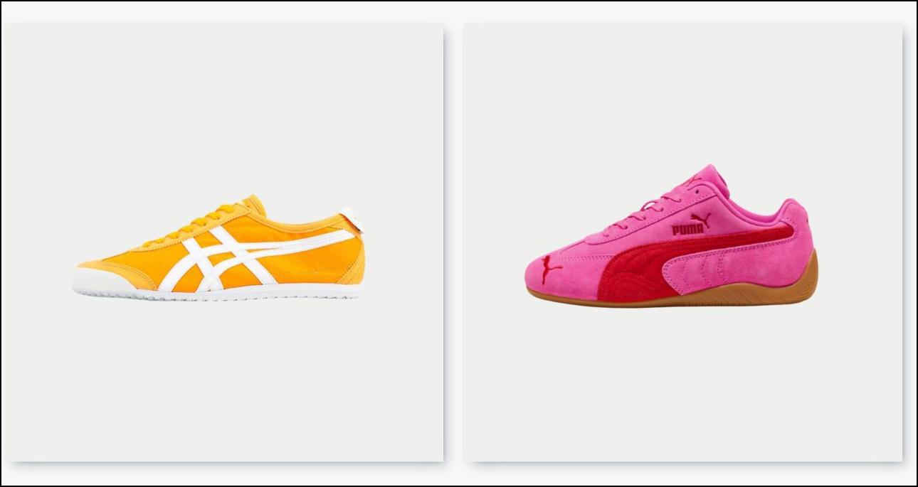 Κίτρινο sneaker Mexico 66 Onitsuka Tiger, €109, joom.com και ροζ sneaker Speedcat Puma, €65, sneaker10.gr