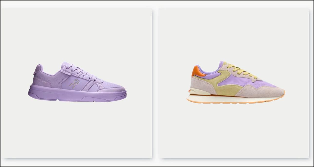 Μοβ sneaker The Rogger ON, €170, on.com και πολύχρωμο sneaker City Dopamine Hoff, €140, thehoffbrand.com