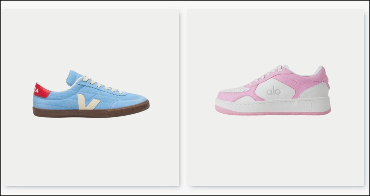 Γαλάζιο sneaker Panenka Veja, €140, kalogirou.com και ροζ, λευκο sneaker Recovery Mode Alo, €178, aloyoga.com