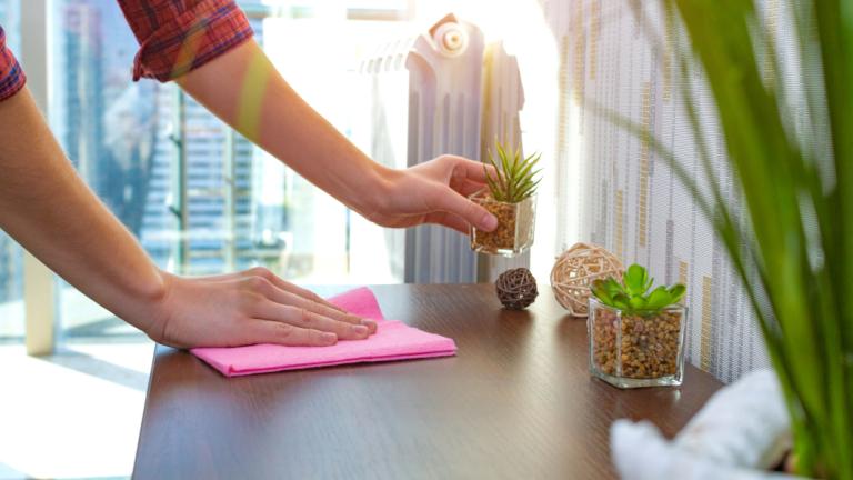 Γυναίκα ξεσκονίζει έπιπλο με πανί