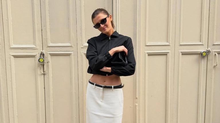 λευκη μιντι φουστα και μαυρο τοπ 