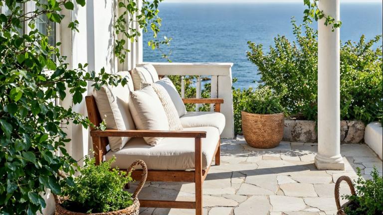 βεράντα με λευκά έπιπλα και αναρριχητικά φυτά
