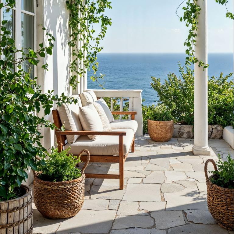 βεράντα με λευκά έπιπλα και αναρριχητικά φυτά